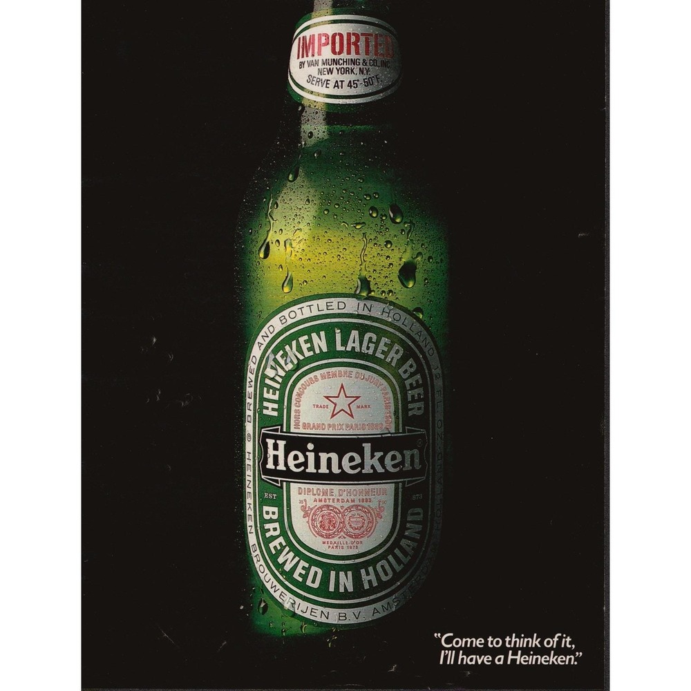 Heineken Lager Beer Bottled in Holland Classic Import Ad Print Ad 1986